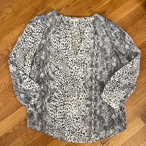 Silky Black and white animal print long sleeve blouse by Joie.